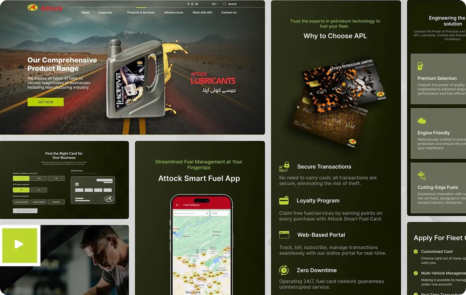 Attock Petroleum website collage showing the lubricant range, fleet fuel cards, station map, and fleet portal