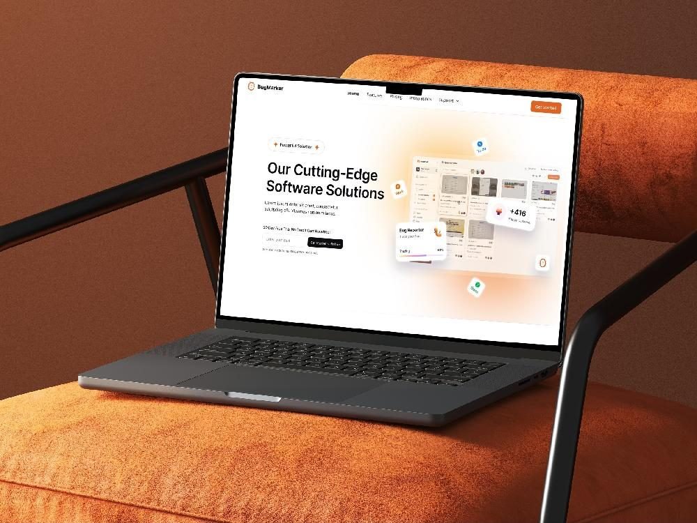 Laptop on an orange chair showing the Lucidmark site, with the bug board and live report counts floating over the screen