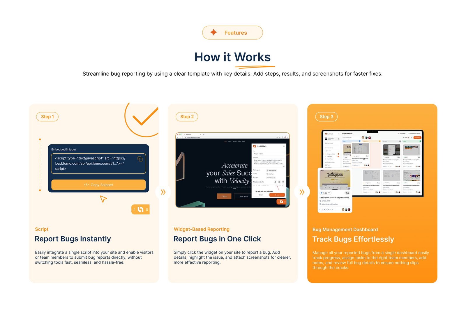 Lucidmark how it works: embed a reporting script, capture a bug from the widget, and track it on the dashboard