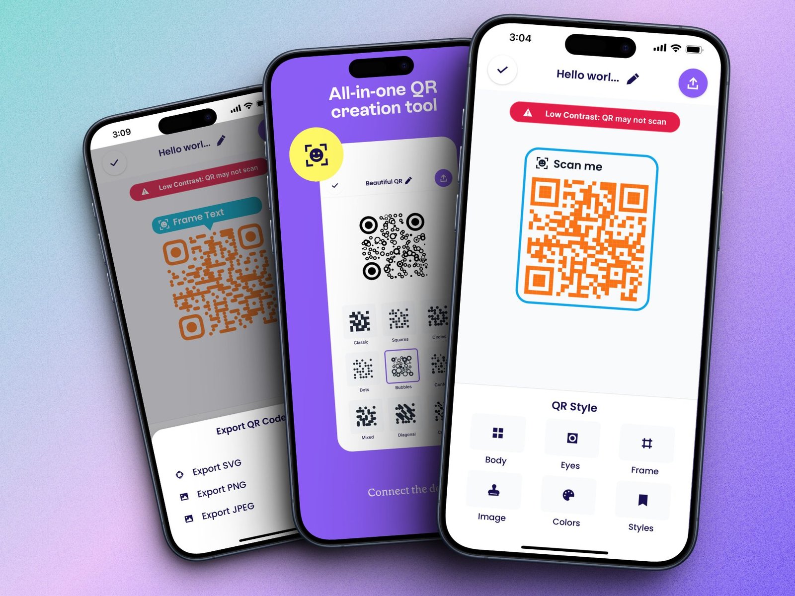 Qubio editor on three phones, showing QR styles, a low-contrast warning, and SVG, PNG, and JPEG export