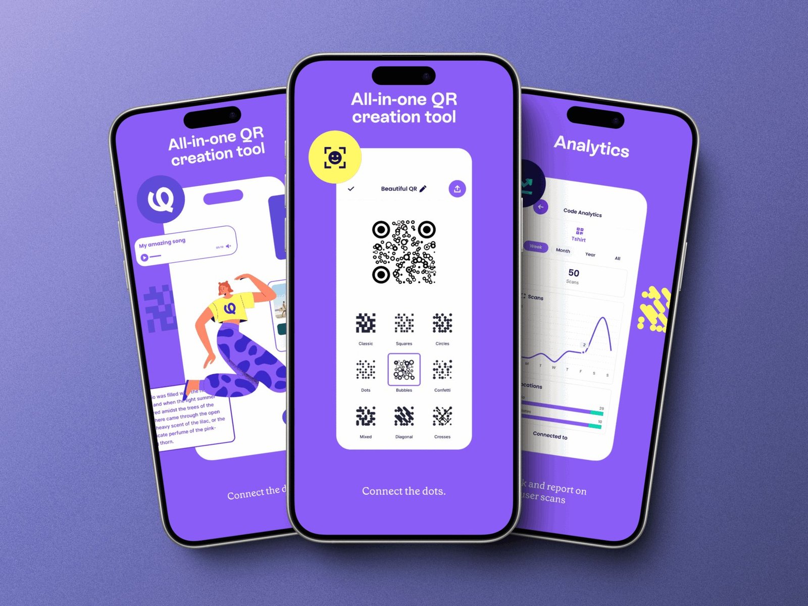 Three phones showing the Qubio QR creator, code styles, and scan analytics
