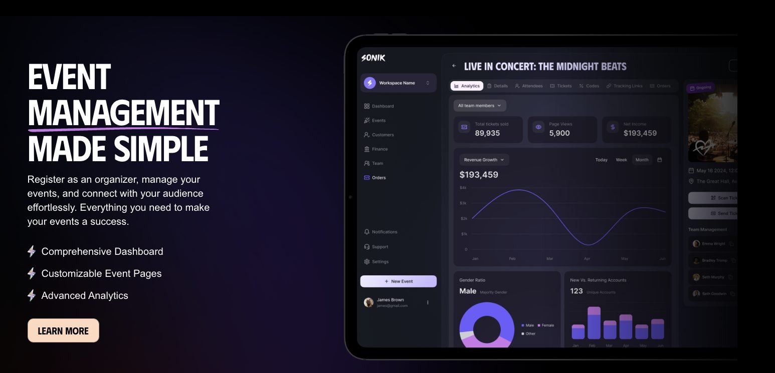 Sonik organizer dashboard for a live concert, with tickets sold, revenue, and audience analytics