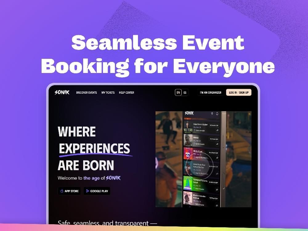 Sonik event booking site on a laptop, with the mobile app listing concerts beside the homepage