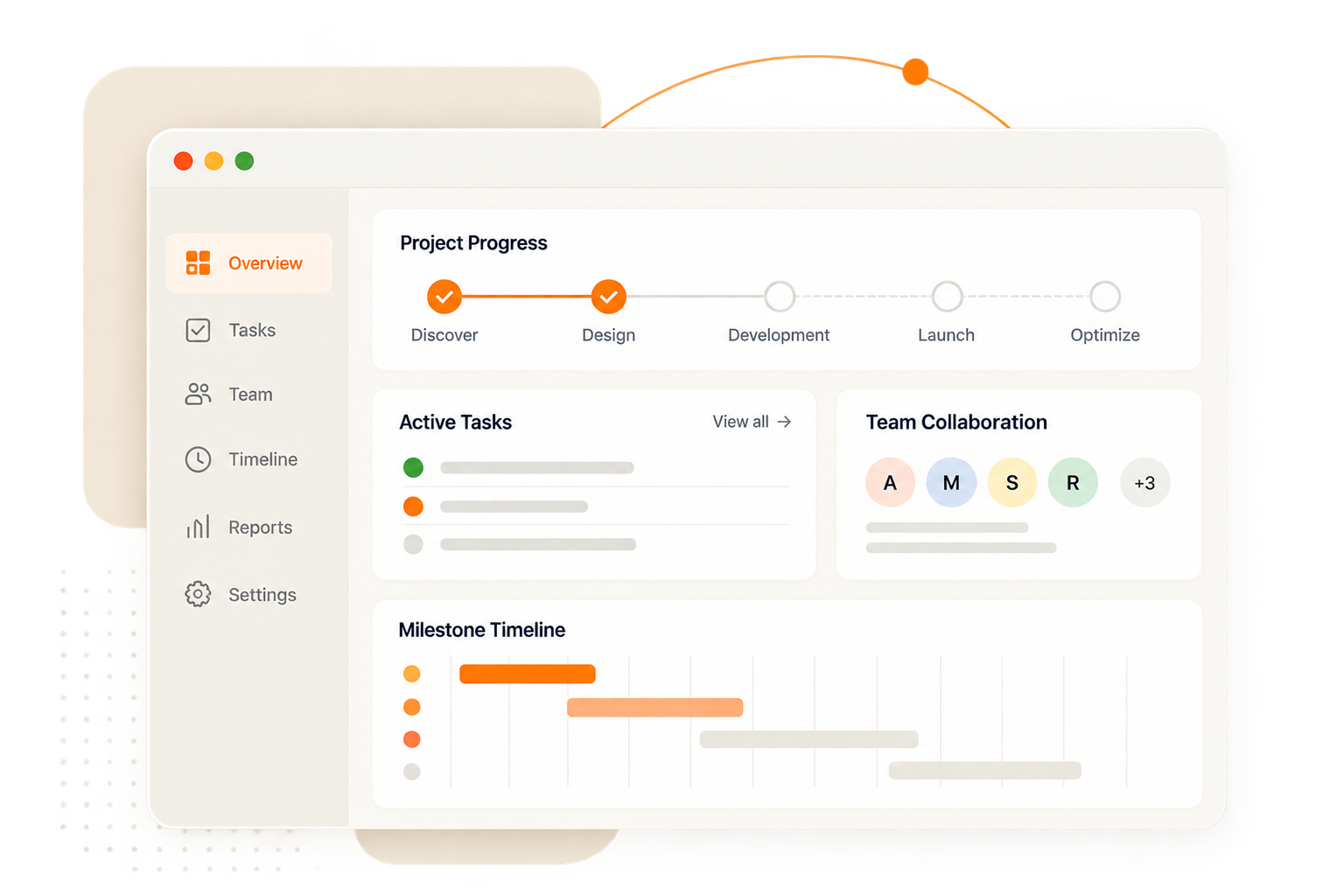Project dashboard showing progress from discovery through launch, active tasks, and a milestone timeline